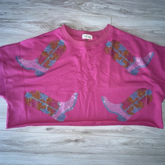 Peach Love California Tops - NWT Peach Love California Pink Sequin Cowboy Boots Cropped Sweatshirt L Festival
